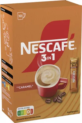 Zdjęcie produktu dla Nescafe 3w1 typu Caramel kawa sypana 10 paluszków po 16 g opakowanie 160g