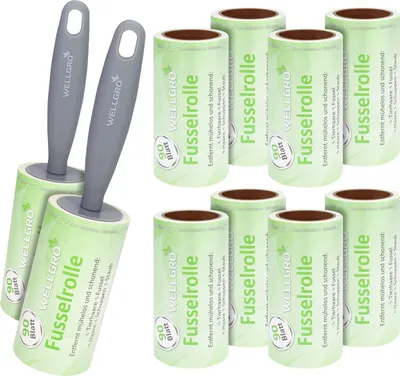 Produktbild von WELLGRO 10er Set Fusselrollen - 10 Rollen mit je 90 Blatt + 2 Abroller, 900 diagonal perforierte Blätter für leichtes Abziehen