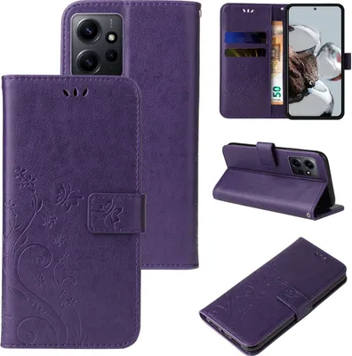 Produktbild von Handyhülle für Xiaomi Redmi Note 12 Floral Blumen Schmetterling Flip Cover Hülle Case Klapphülle Handytasche Farbe: Violett