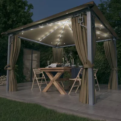 Produktbild von The Living Store Pavillon mit Vorhängen & LED-Lichterkette 300x300 cm Taupe Alu