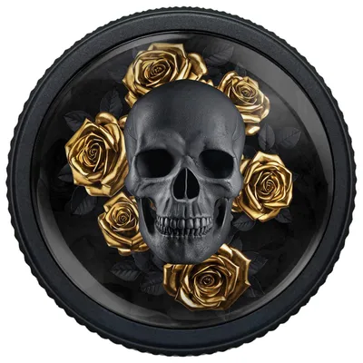 Produktbild von Küchenschrankknöpfe, gotischer Stil, schwarzer Totenkopf mit goldenen Rosen, rund, mattschwarz, Aluminiumknöpfe, geriffelt, einlochig, Schubladengriffe, Beschläge, Schranktürgriffe, 4 Stück