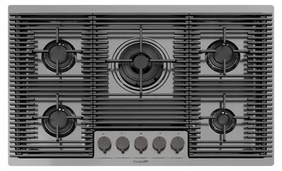 A top-down view of a gas stovetop.