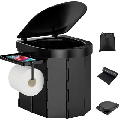 Immagine prodotto di Toilette portatile da campeggio - Pieghevole - Supporta fino a 400 lbs - Con coperchio e sacchetti igienici