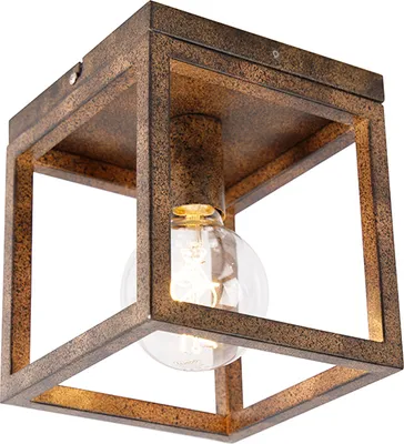 Produktbild von QAZQA - Industrie I Vintage I Industrie I Vintage I Deckenleuchte I Deckenlampe I Lampe I Leuchte rostbraun - Käfig I Wohnzimmer I Schlafzimmer - Stahl Quadratisch - LED geeignet E27