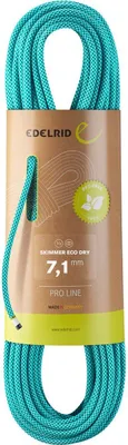 Produktfoto des Kletterseils 'Skimmer Eco Dry 71mm' von Edelrid; grün-blau mit Verpackung.