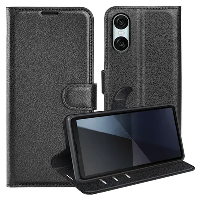 A black leather flip case for a smartphone is shown with the phone inserted and its screen visible.