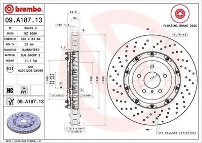 Produktbild von 2x BREMBO 09.A187.13 Bremsscheibe Vorderachse