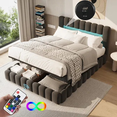 Produktbild von SUNFECILI Polsterbett 140x200 cm,Boxspringbett 140x200,mit Lattenrost,Weicher Rückenlehne und Kopfteil,USB,LED,Doppelbett,Baumstumpfbett,Leinen,Grau