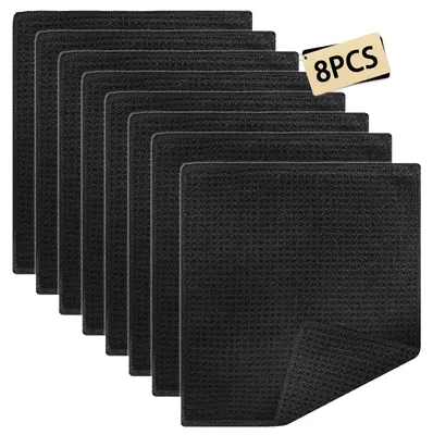 Produktbild von 8-teiliges Set schwarze Geschirrtücher, waschbare Mikrofaser-Küchenhandtücher mit Waffelstruktur, 20 x 20 cm, wiederverwendbare Mikrofaser-Geschirrtücher für Küche, Haushalt, Auto und Glas