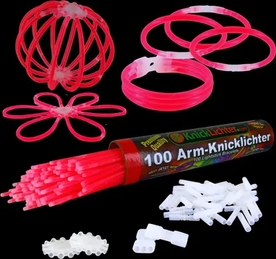 Produktbild von 100 rote Arm-Knicklichter incl. 100 TopFlex, zwei 3fach und 2 Ballverbinder – e Qualität aus DE