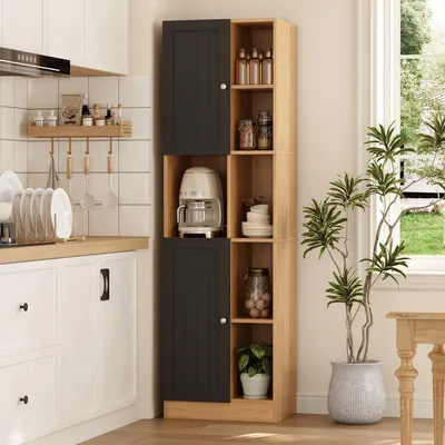 Image de Armoires de cuisine Flieks avec 6 étagères ouvertes, 2 portes, étagères réglables, une armoire haute étroite, une commode de 50x35,5x170 cm, en chêne et anthracite