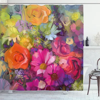 Produktbild von ABAKUHAUS Blumen Duschvorhang, Lebendige Blumenstrauß mit Daisy Pfingstrose Gerbera Petals romantischen Arrangement Print, 175 x 200 cm, Mehrfarbig