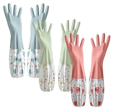 Produktbild von Haushaltshandschuhe, Lange Gummihandschuhe Handschuhe Latexfrei mit Innenfutter aus Baumwolle Zum Geschirrspülen Wäschereinigung Bad, Auto (Mittlere Größe, 3 Paare)