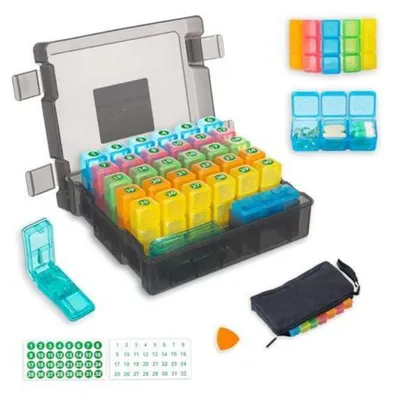 Immagine prodotto di Contenitore per compresse da 31 giorni, con 3 scomparti e divisori per le compresse. Contenitore per medicinali, colore nero