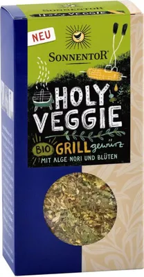 Produktbild von Sonnentor Holy Veggie Grillgewürz  30 g, Flockengewürze, 30 g, Zwiebelstücke gelb  Pastinakenstücke  Bärlauch  Estragon  Koriander  Petersilie..., 292 kcal, 1216 kJ, 5,3 g