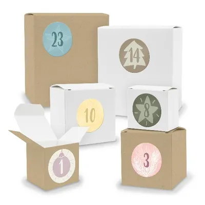 Produktbild von Adventskalender zum Füllen 24x Quader Würfel gemischt WEISS / BRAUN + Sticker (V03 Z17)