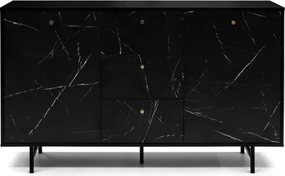 A black sideboard with a marble effect and gold handles, shown against a white background.