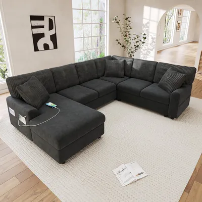 Immagine prodotto di Divano a forma di U con tasche portaoggetti, divano ad angolo con porta USB e Type-C, divano da soggiorno con 3 cuscini e chaise longue, colore grigio