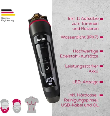 A close-up marketing image of a black electric trimmer with red accents, displaying its features and included accessories.