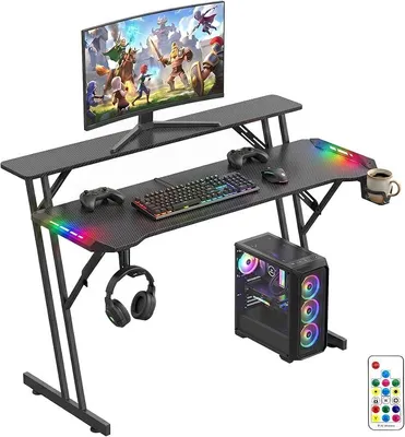 Image de Bureau de jeu 160 x 60 cm, bureau d'ordinateur avec éclairage LED et support pour écran