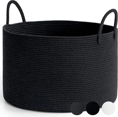 Produktbild von Wäschekorb, Korb Geflochten, Aufbewahrungskorb Groß Baumwollkorb Handtuchkorb für Badezimmer, Korb für Decken Wohnzimmer, Kissen, Baby Spielzeug Storage Basket, 55x35cm, Schwarz