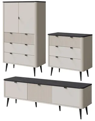 Productafbeelding van Woonkamer set Marly: Wandmeubel set. Kleur en afmetingen naar keuze. Bestaat uit: boekenkast, dressoir, salontafel. Kleur: kasjmier/grijssteen