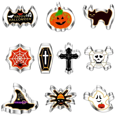 Obrázok produktu pre 10-dielna súprava vykrajovačiek na Halloween, vyrobená z nehrdzavejúcej ocele, vhodná na pečenie a na párty