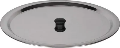 A stainless steel pot lid with a black handle.