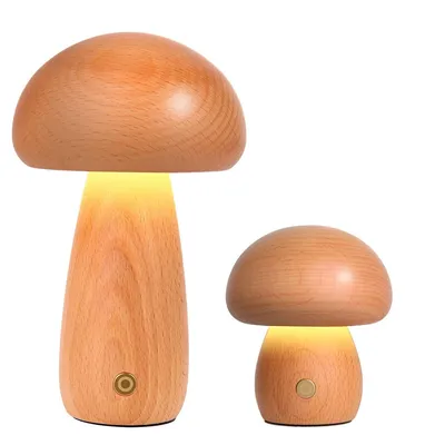 Produktbild von LED Nachttischlampe Nachtlicht Holz (2 Artikel, groß+klein), klein Pilze nachtlicht kinder USB Kabellos Baby Nachttisch Lampe, 3W Stufenlose Dimmerung