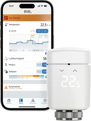 Produktbild von Eve Thermo (Matter): Smartes Heizkörperthermostat, LED-Display, Heizkosten sparen, funktioniert mit Alexa, Apple Home, Samsung SmartThings, Google Home, benötigt Thread Border Router