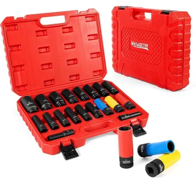 Image de Jeu de douilles pour clé à chocs, 19 pièces, 1/2 pouce, 10-32 mm, en acier Cr-Mo, avec 3 douilles protectrices pour jantes en aluminium