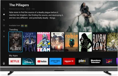 A smart TV interface displaying movie posters and app icons.