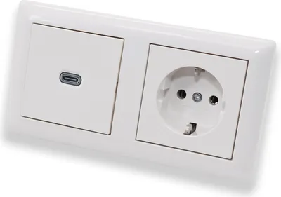 Produktbild von EBROM USB-C Unterputz Steckdose/Lader, 65 Watt Leistung – Schnellladefunktion für Wearables, Smartphones Tablets und Laptops + Gira Steckdose mit Kinderschutz 445303 System 55 reinweiß glänzend