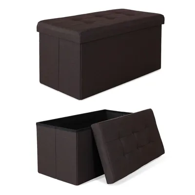 A brown storage ottoman is shown in two views: closed and open.