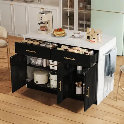 Zdjęcie produktu dla Wyspa kuchenna – meble kuchenne z gniazdkami elektrycznymi i portami USB – 120 x 60 x 91 cm – kabel o długości 1,5 m – regulowane półki – uchwyt na ręczniki – kolor czarny