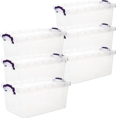 A stack of clear plastic storage boxes with purple clasps.