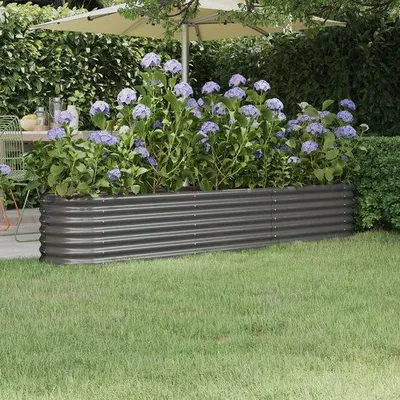 Productafbeelding van XXL tuinkisten - 224x40x36 cm - Grijs - Ovaal bloempot - Versterkt staal - Weerbestendige kweekbak met binnenin een zeil.