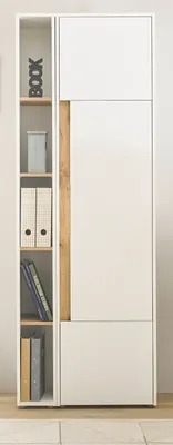 A tall, narrow cabinet with open shelves on the left and closed doors on the right, featuring a wood accent.