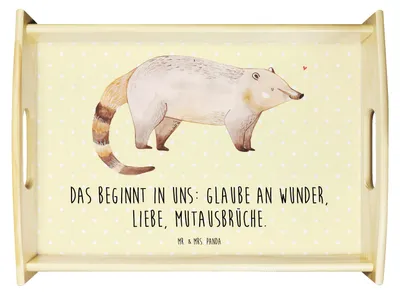 Produktbild von Mr. & Mrs. Panda Servier Tablett Nasenbär - Gelb Pastell - Geschenk, betttablett, Rüsselbär, Bär, sofatablett, holz, Nasenbären, für bett, aus, Lustige Sprüche