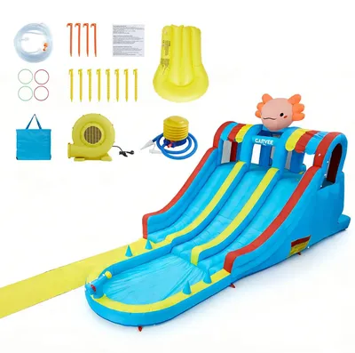 Immagine prodotto di Parco acquatico gonfiabile per bambini - Castello gonfiabile con piscina - Doppie scivolate - Parete da arrampicata - Cannone ad acqua - Gioco del lancio degli anelli - Include pompa d'aria - Modello A