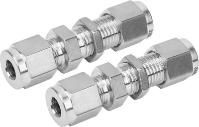 Produktbild von 2 Stück Schottverbinder aus Edelstahl 316 mit doppelter Klemmringverschraubung und Verschleißplatte, §¶1/4