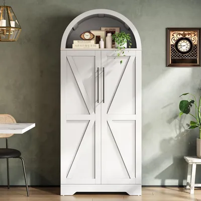 Imagen del producto de Armario vitrina blanco, con forma abovedada, de 70x40x165 cm, fabricado en MDF, con estantes abiertos y puertas, ideal para la cocina, el comedor y el salón