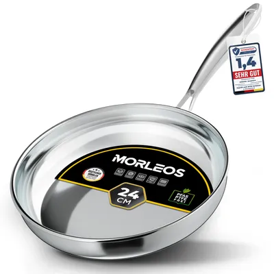 Produktbild von Morleos Edelstahlpfanne 26 cm Induktion unbeschichtet Bratpfanne ohne  | Stainless Steel Pan mit hohem Rand, ohne Beschichtung, für alle Herdarten, backofenfeste Edelstahl Pfanne bis 400 °C