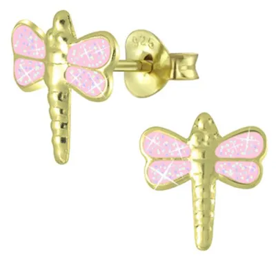 Produktbild von Kinder Ohrstecker 925 Silber Ohrringe mit 14 kt Gold plattiert Libelle | 9 mm x 9 mm