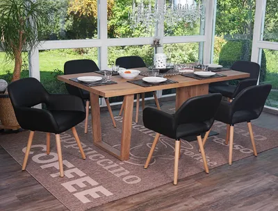 Image de lot de 6 chaises de salle à manger HWC-A50 II, chaise de cuisine, design rétro années 50 ~ similicuir, noir, pieds clairs