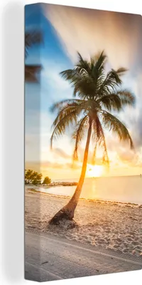 Produktbild von MuchoWow® - Leinwandbilder - Sonnenuntergang - Strand - Palme, Wandbild, Wanddeko Bilder Wohnzimmer, 20x40 cm