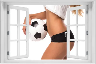 Produktbild von Wallario Wandbild mit Fenster-Illusion: Fußball - sexy Frau mit einem Fußball, Größe: 61 x 91,5 cm, Poster mit weißem Aluminiumrahmen