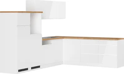 Produktbild von Winkelküche 300/240 cm in Hochglanz weiß, Arbeitsplatte Eiche MARSEILLE-03