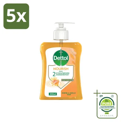 Imagen del producto de 5 unidades de jabón líquido para manos Dettol Nourish, aroma miel y vainilla, 250 ml, pack grande