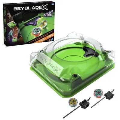 Image de Beyblade X Set de combat Attaque sournoise avec arene Beystadium, 2 toupies de compétition a rotation droite, 2 lanceurs, des 8 ans